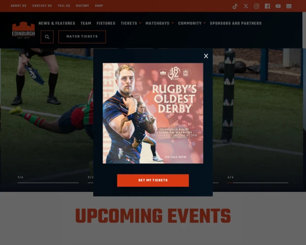 screenshot of Edinburgh Rugby website