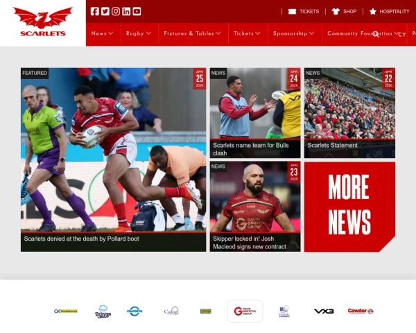 screenshot of Scarlets Rugby website