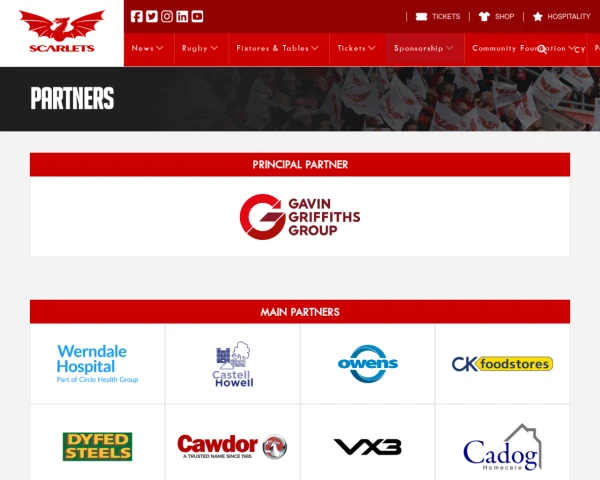 screenshot of Scarlets Rugby website