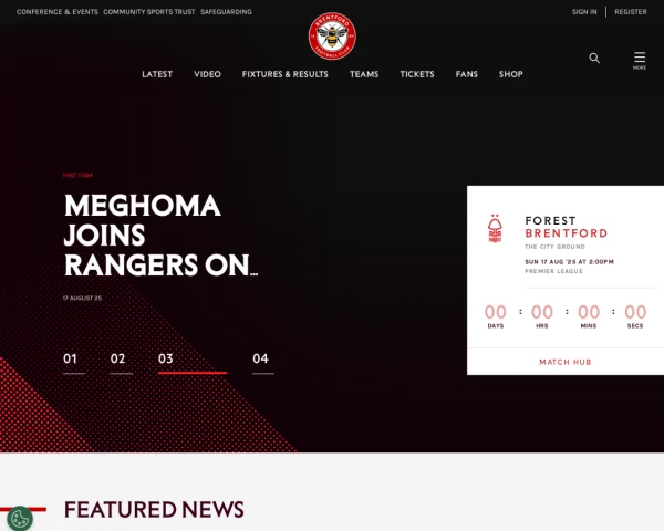 screenshot of Brentford FC website