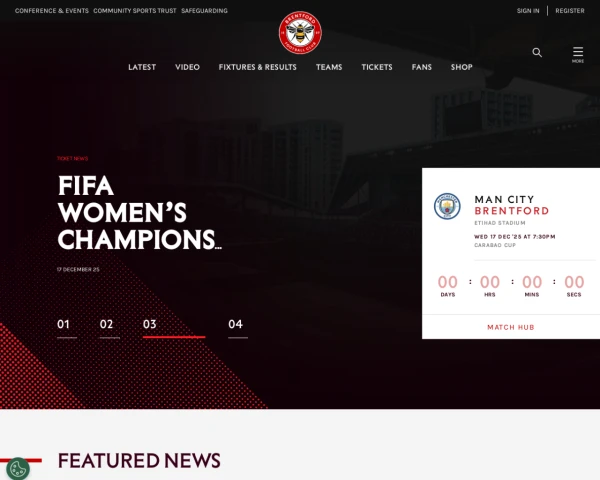 screenshot of Brentford FC website