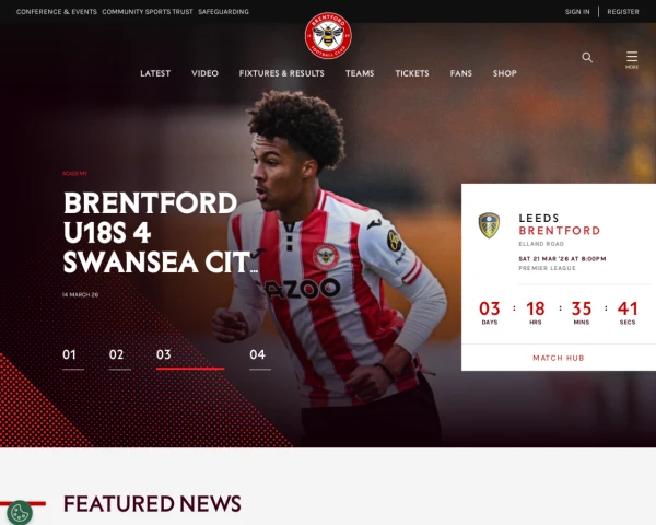 screenshot of Brentford FC website