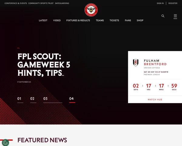 screenshot of Brentford FC website