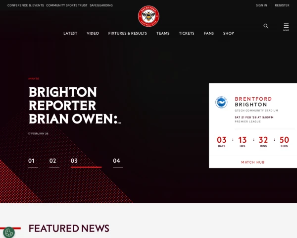 screenshot of Brentford FC website