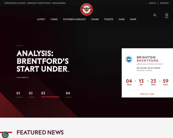 screenshot of Brentford FC website
