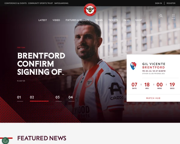 screenshot of Brentford FC website