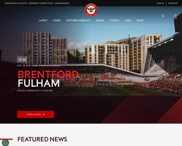 screenshot of Brentford FC website