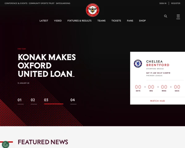 screenshot of Brentford FC website