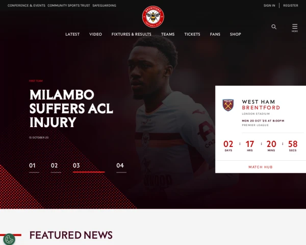 screenshot of Brentford FC website