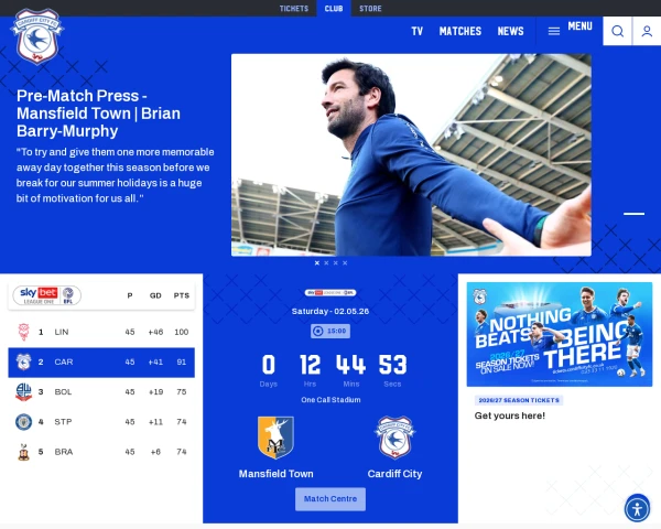 screenshot of Cardiff City FC website