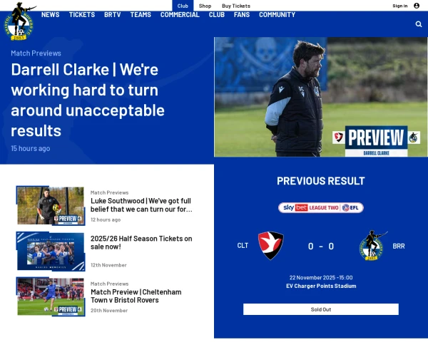 screenshot of Bristol Rovers FC website