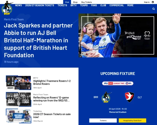 screenshot of Bristol Rovers FC website