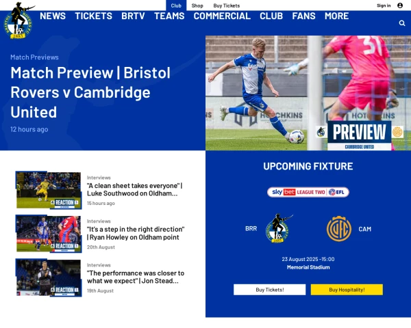 screenshot of Bristol Rovers FC website
