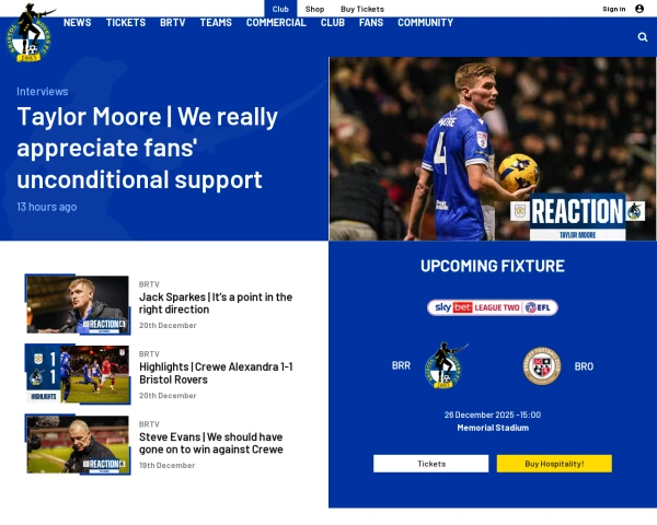 screenshot of Bristol Rovers FC website