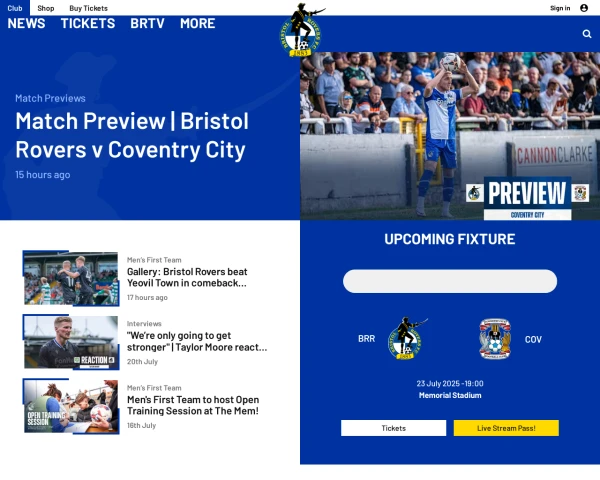 screenshot of Bristol Rovers FC website
