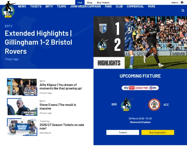 screenshot of Bristol Rovers FC website
