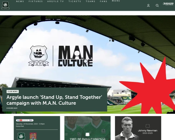screenshot of Plymouth Argyle FC website