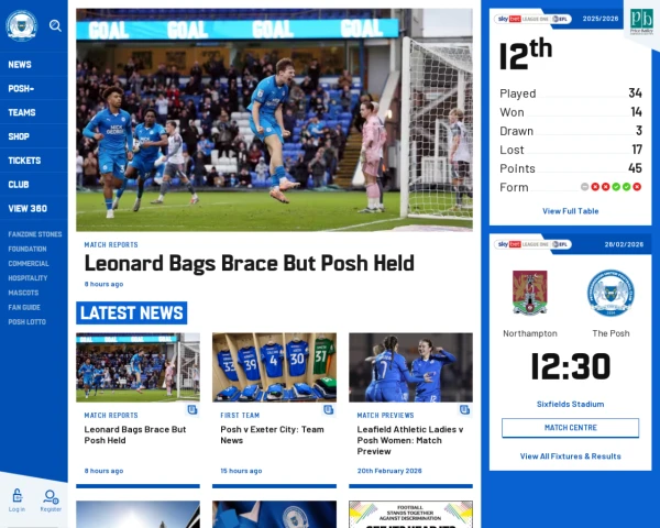 screenshot of Peterborough United FC website
