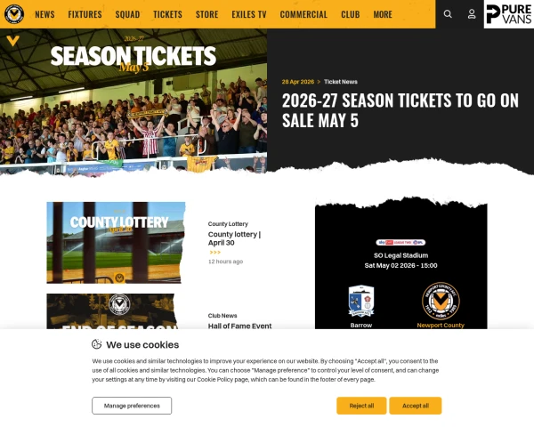 screenshot of Newport County FC website