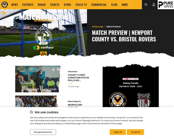 screenshot of Newport County FC website