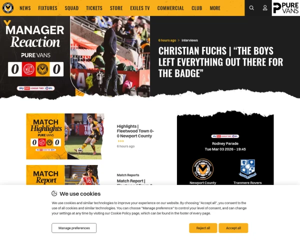 screenshot of Newport County FC website
