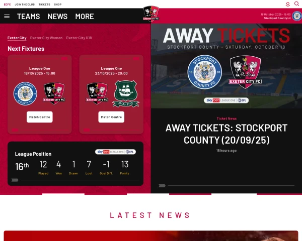screenshot of Exeter City FC website