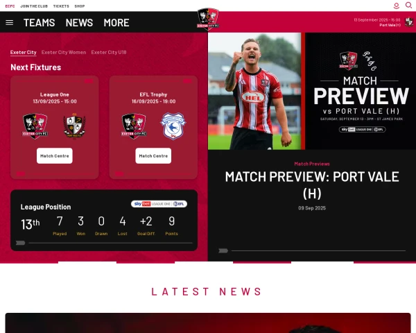 screenshot of Exeter City FC website