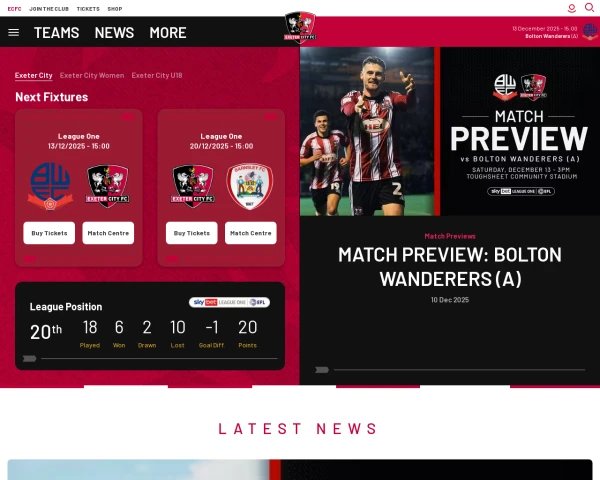 screenshot of Exeter City FC website