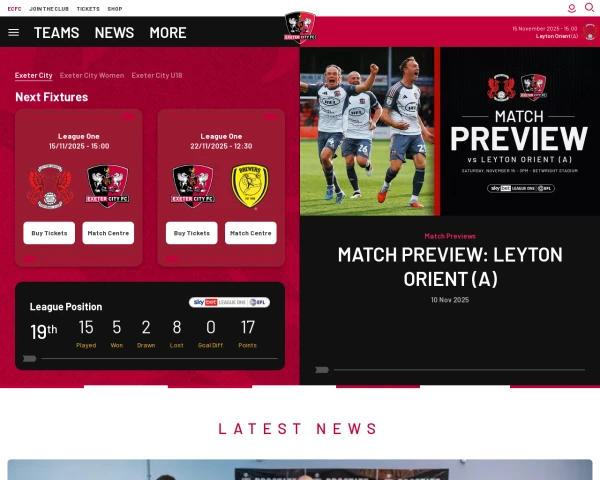 screenshot of Exeter City FC website