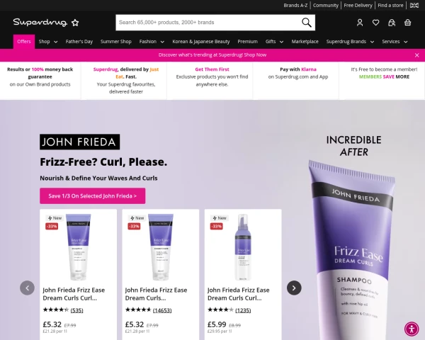 screenshot of Superdrug website
