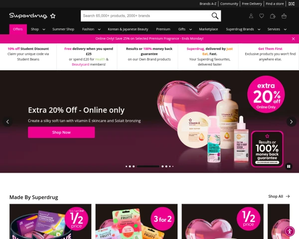 screenshot of Superdrug website