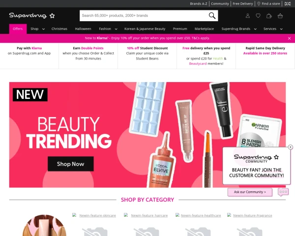 screenshot of Superdrug website