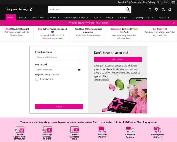 screenshot of Superdrug website
