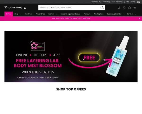 screenshot of Superdrug website