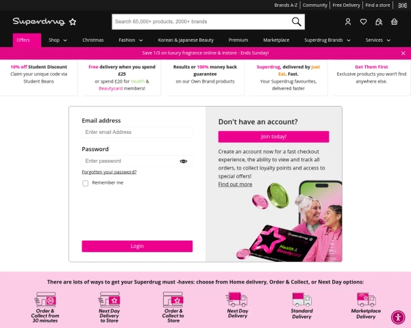 screenshot of Superdrug website