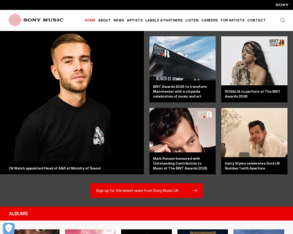 screenshot of Sony Music Uk website