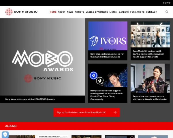 screenshot of Sony Music Uk website