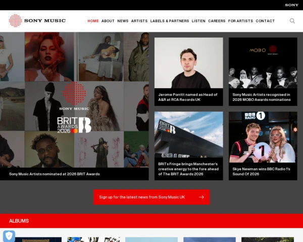 screenshot of Sony Music Uk website