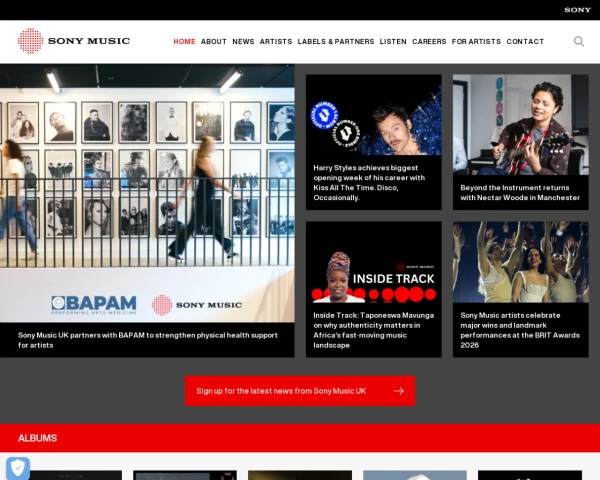 screenshot of Sony Music Uk website