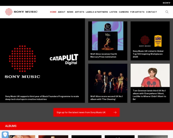 screenshot of Sony Music Uk website