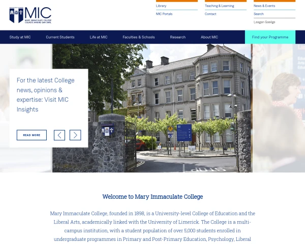 screenshot of Mary Immaculate College, Limerick website