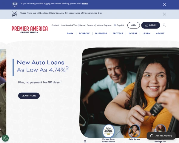 screenshot of Premier America Credit Union website