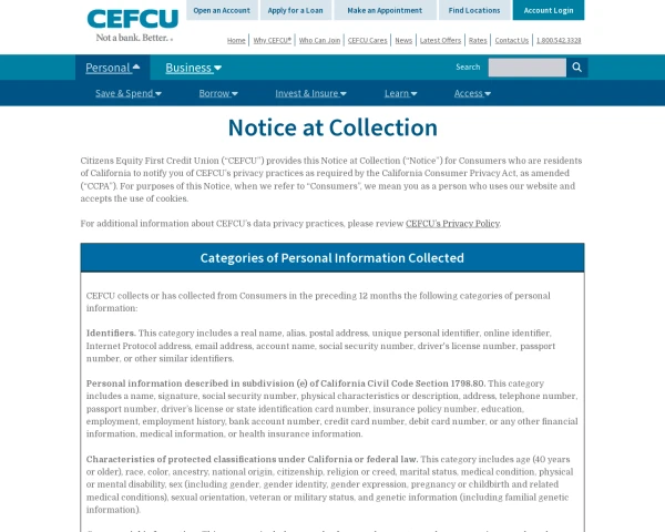 screenshot of Citizens Equity First Credit Union website