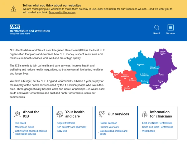 screenshot of NHS Hertfordshire and West Essex ICB website