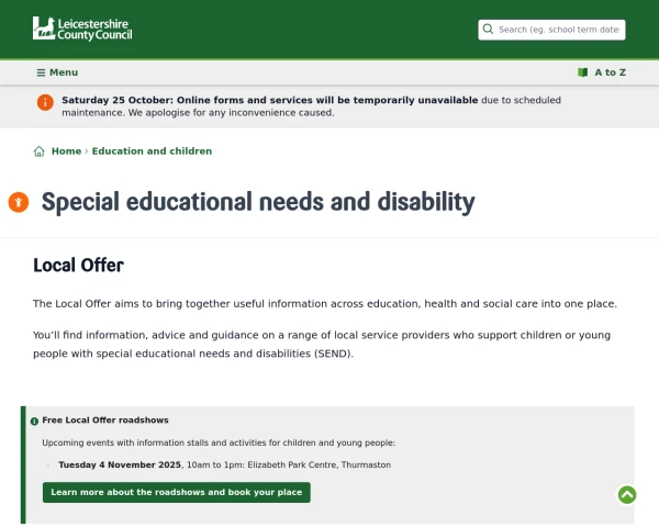 screenshot of Leicestershire Local Offer website