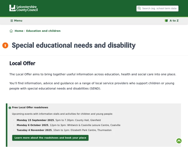 screenshot of Leicestershire Local Offer website