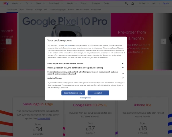 screenshot of Sky Mobile website