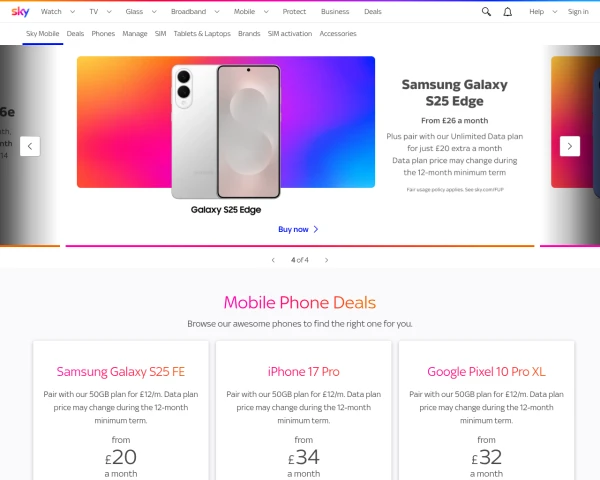 screenshot of Sky Mobile website