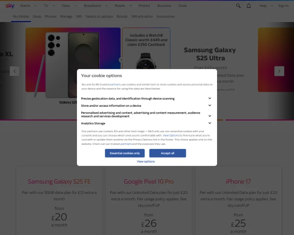 screenshot of Sky Mobile website