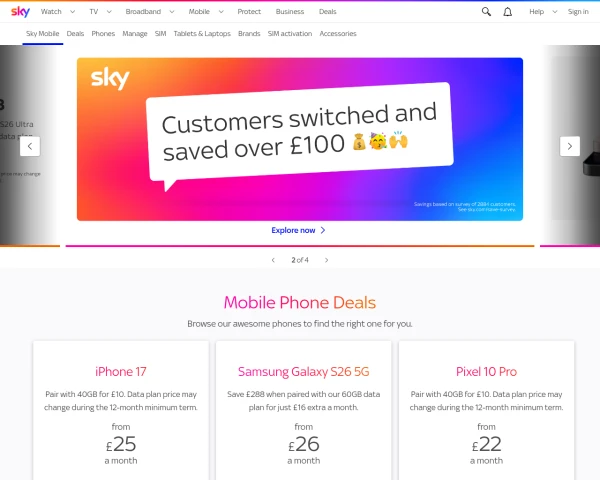 screenshot of Sky Mobile website
